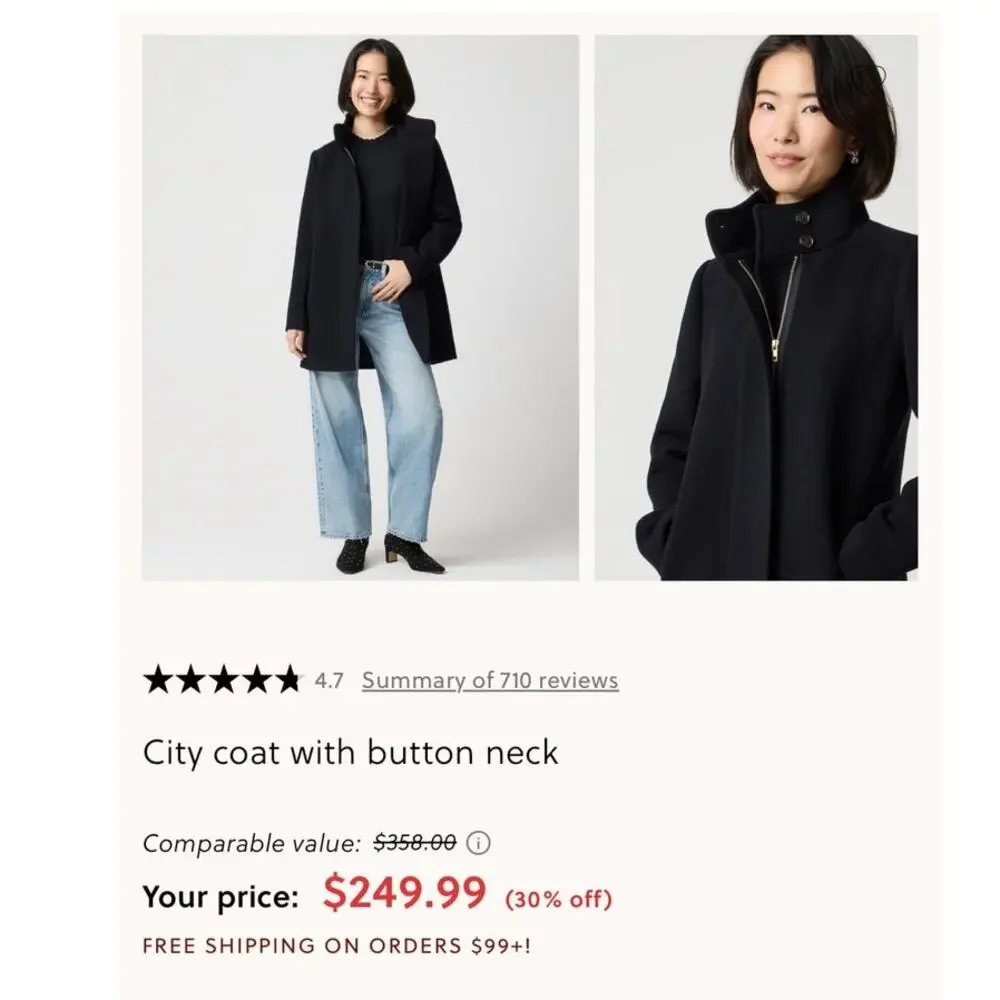 J. Crew Women's Long Sleeve City Coat with Button Neck Black Size 10P NWT
